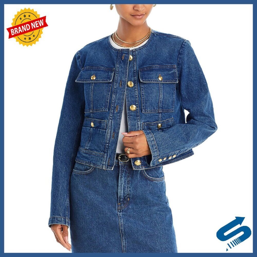 Cropped Denim Jacket Long Sleeve Button Down with Pockets Women's